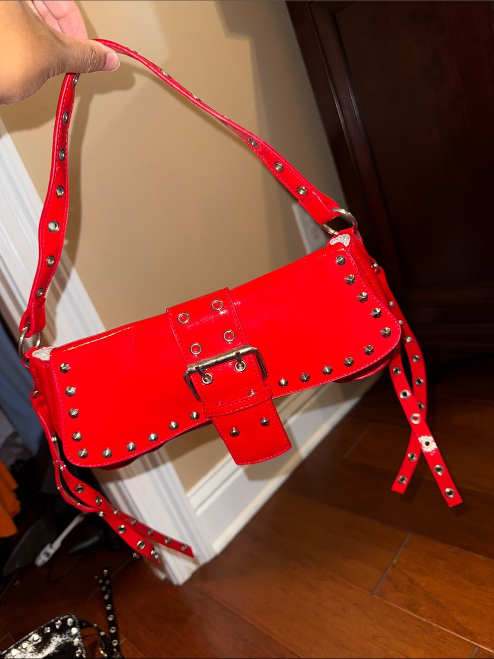 SHEIN Red Studded Shoulder Bag with Buckle Detail